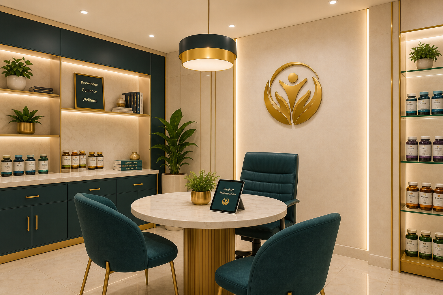 Private VitalReach wellness guidance room with teal seating and product information tablet